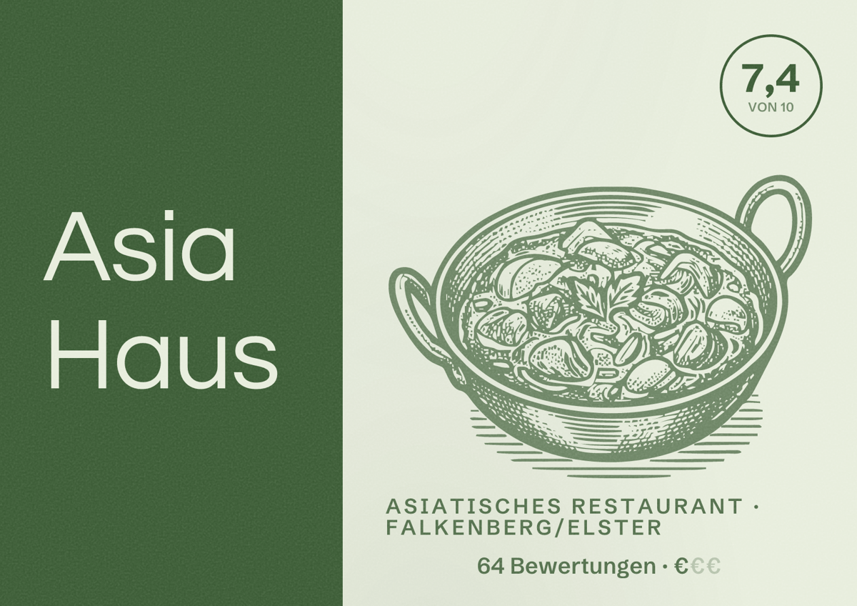 Illustriertes Poster von Asia Haus, Asiatisches Restaurant in Falkenberg/Elster: Bewertung 7,4 von 10 aus 64 Bewertungen, Preisniveau €