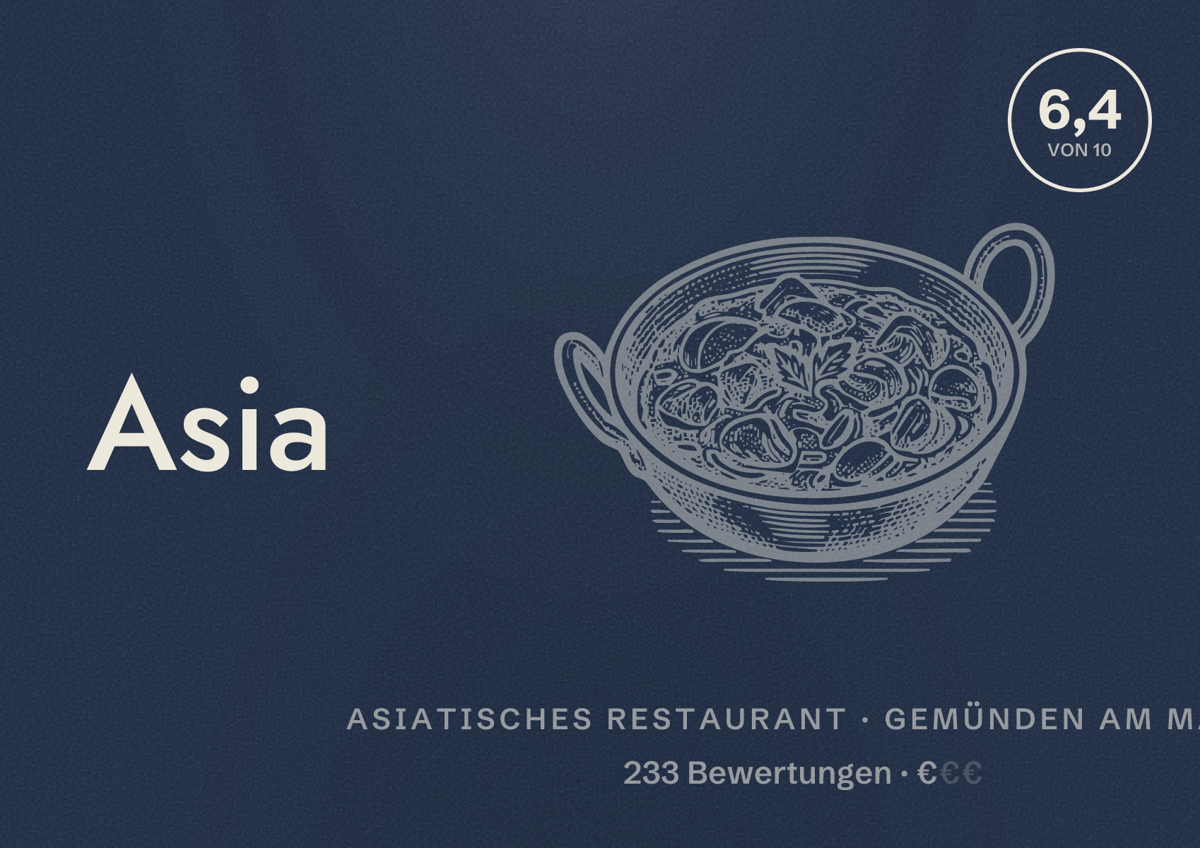 Illustriertes Poster von Asia Haus, Asiatisches Restaurant in Gemünden am Main: Bewertung 6,4 von 10 aus 233 Bewertungen, Preisniveau €