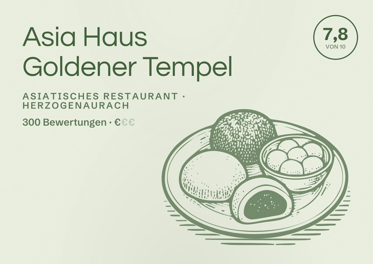 Illustriertes Poster von Asia Haus Goldener Tempel, Asiatisches Restaurant in Herzogenaurach: Bewertung 7,8 von 10 aus 300 Bewertungen, Preisniveau €