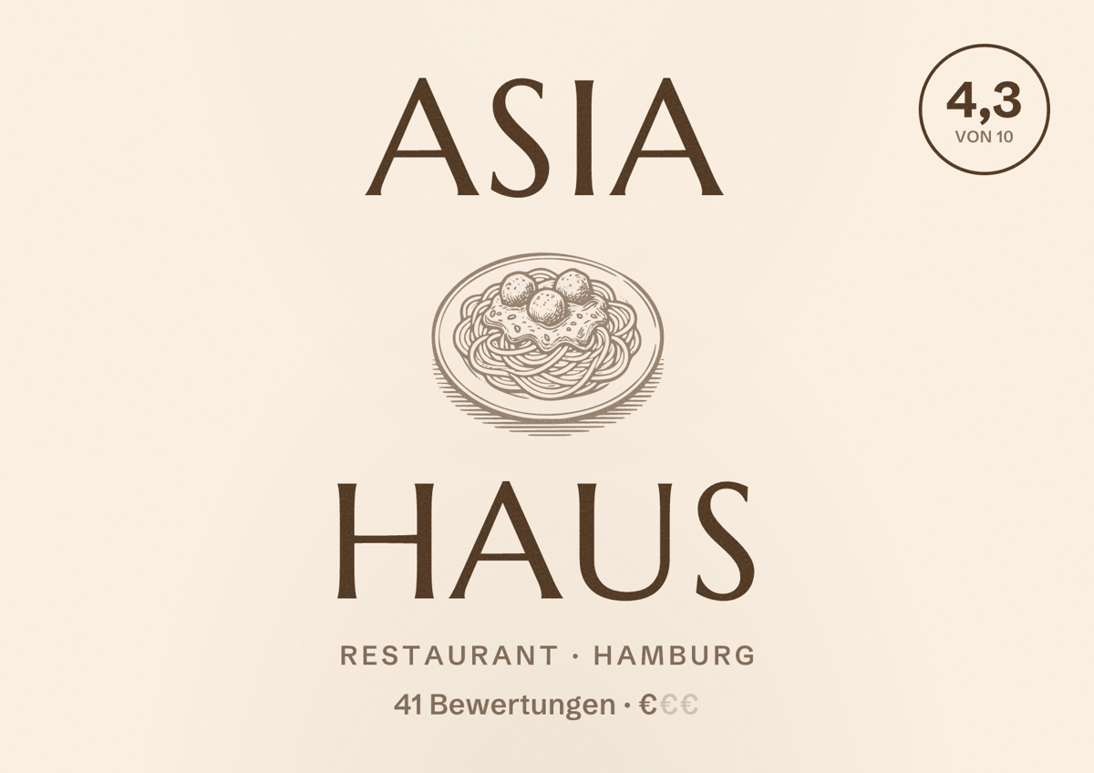Illustriertes Poster von Asia Haus, Restaurant in Hamburg: Bewertung 4,3 von 10 aus 41 Bewertungen, Preisniveau €