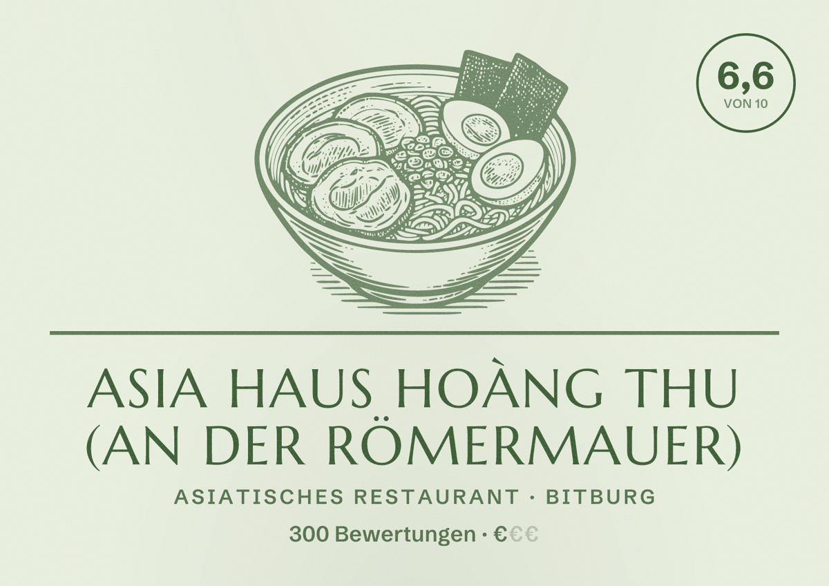 Illustriertes Poster von Asia Haus Hoàng Thu (An der Römermauer), Asiatisches Restaurant in Bitburg: Bewertung 6,6 von 10 aus 300 Bewertungen, Preisniveau €
