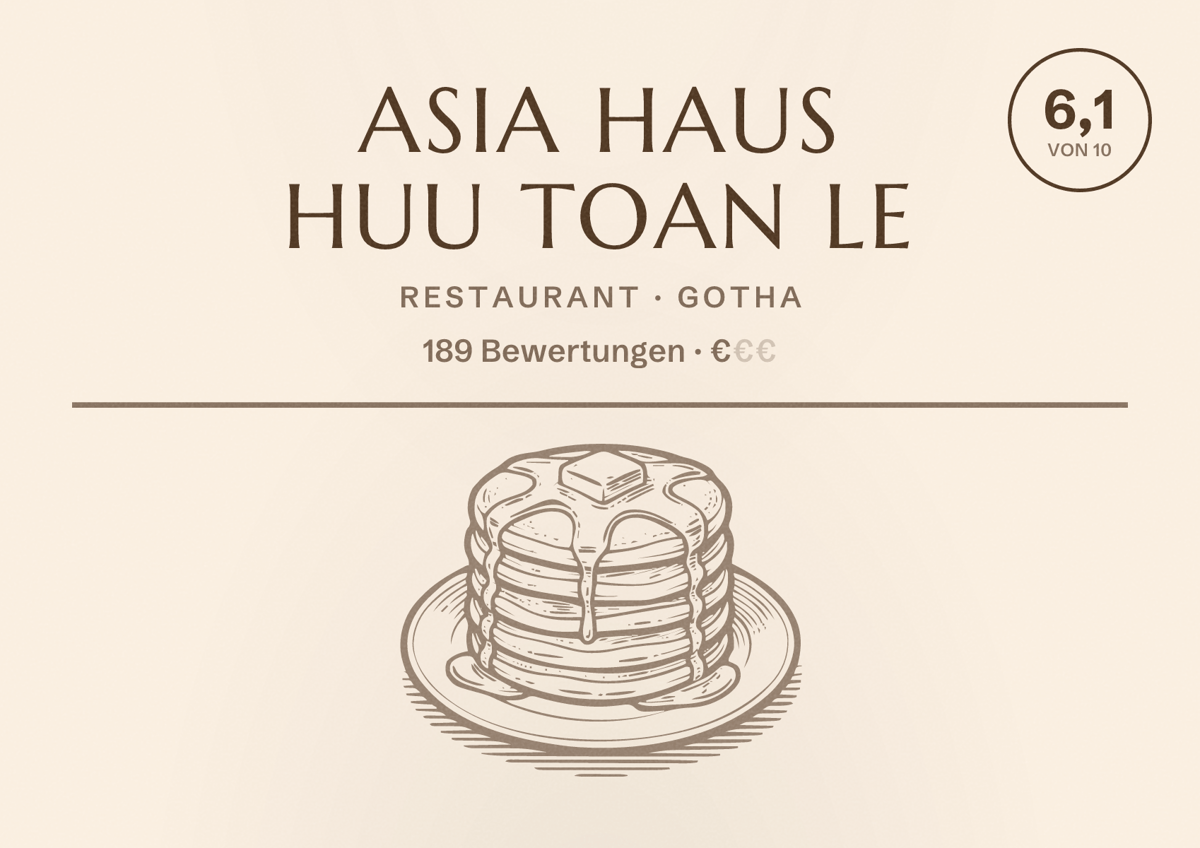 Illustriertes Poster von Asia Haus Huu Toan Le, Restaurant in Gotha: Bewertung 6,1 von 10 aus 189 Bewertungen, Preisniveau €