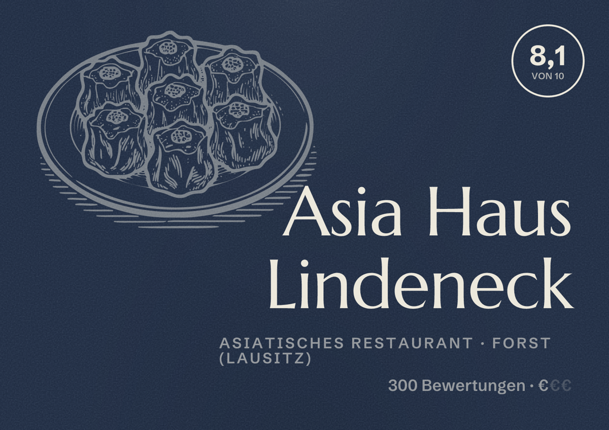 Illustriertes Poster von Asia Haus Lindeneck, Asiatisches Restaurant in Forst (Lausitz): Bewertung 8,1 von 10 aus 300 Bewertungen, Preisniveau €