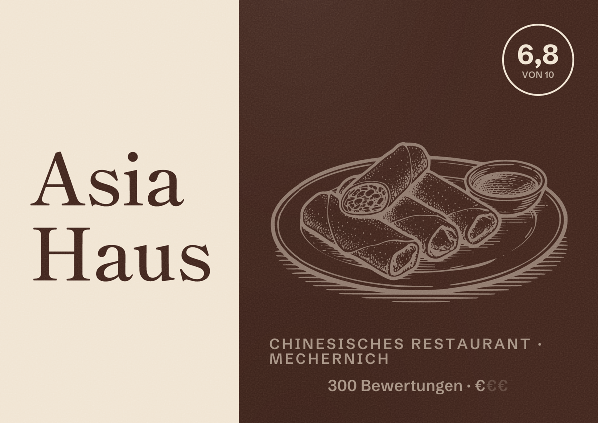 Illustriertes Poster von Asia Haus, Chinesisches Restaurant in Mechernich: Bewertung 6,8 von 10 aus 300 Bewertungen, Preisniveau €