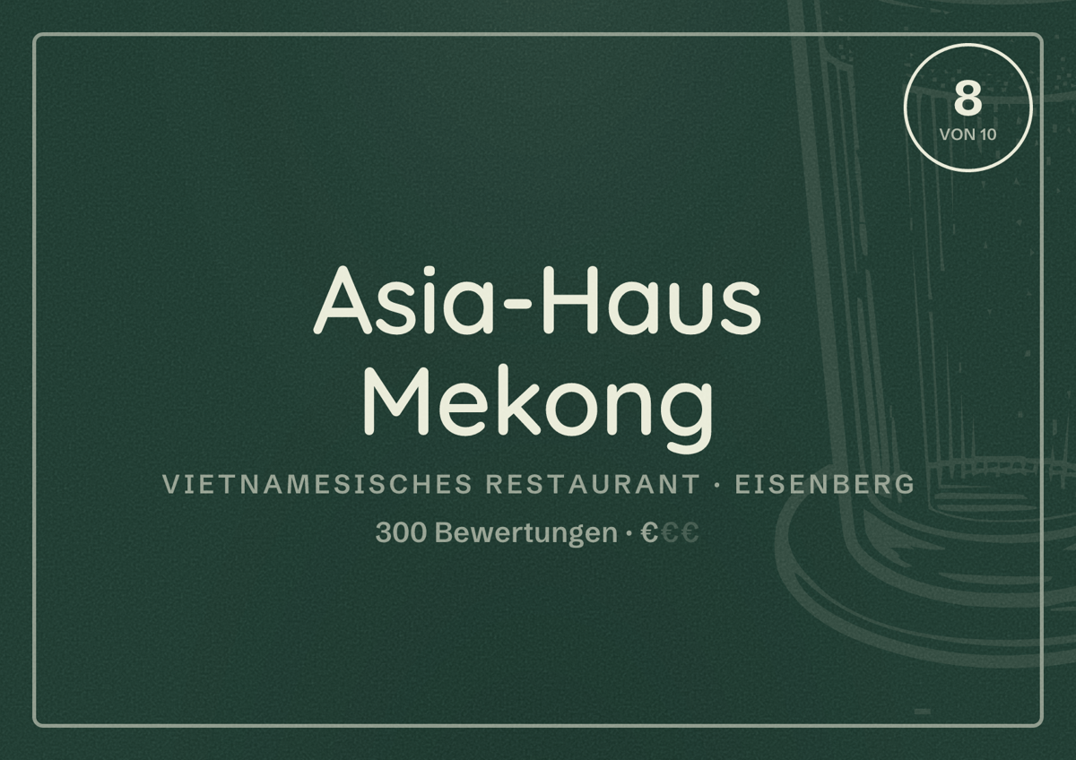 Illustriertes Poster von Asia-Haus Mekong, Vietnamesisches Restaurant in Eisenberg: Bewertung 8 von 10 aus 300 Bewertungen, Preisniveau €