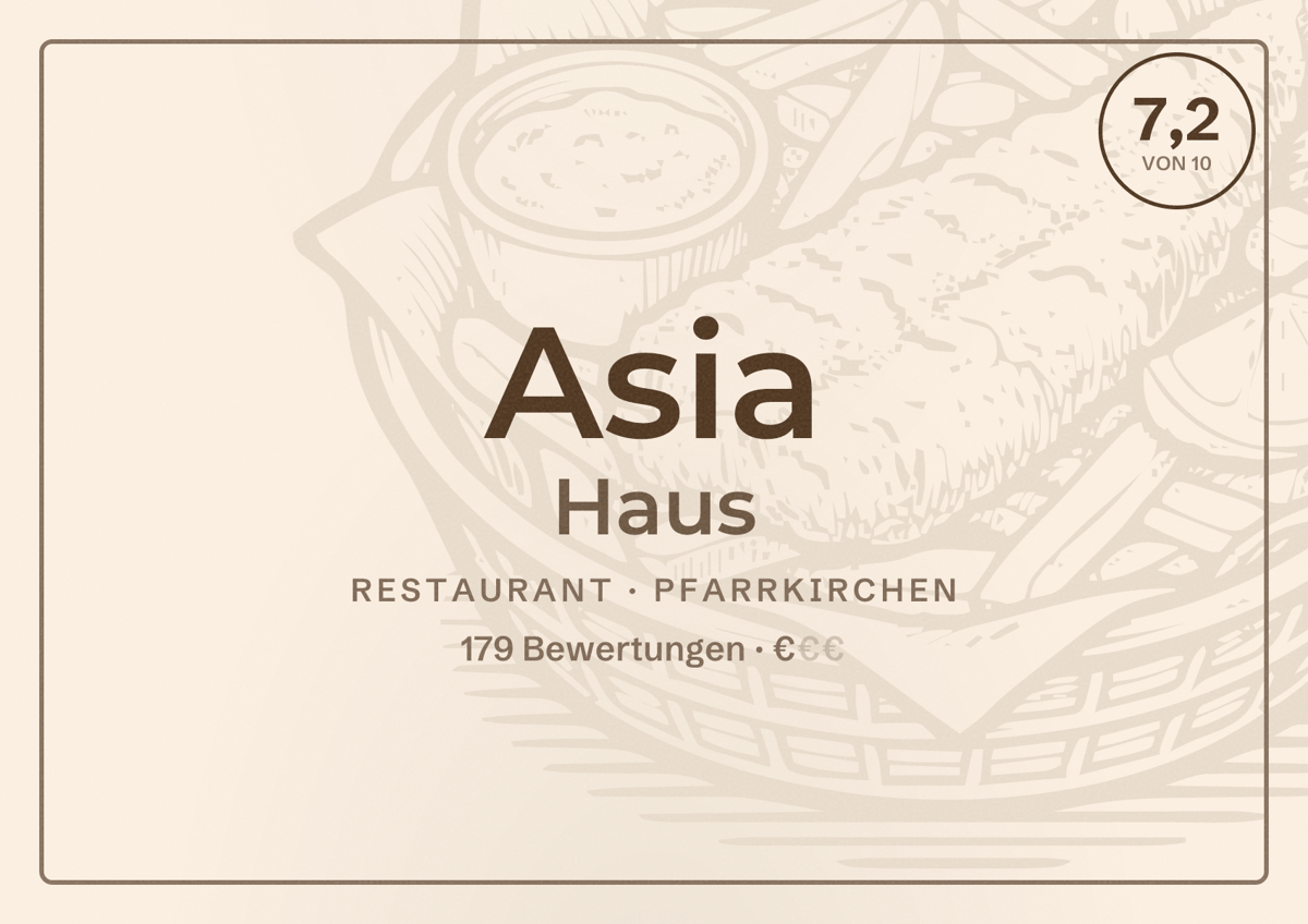 Illustriertes Poster von Asia Haus, Restaurant in Pfarrkirchen: Bewertung 7,2 von 10 aus 179 Bewertungen, Preisniveau €