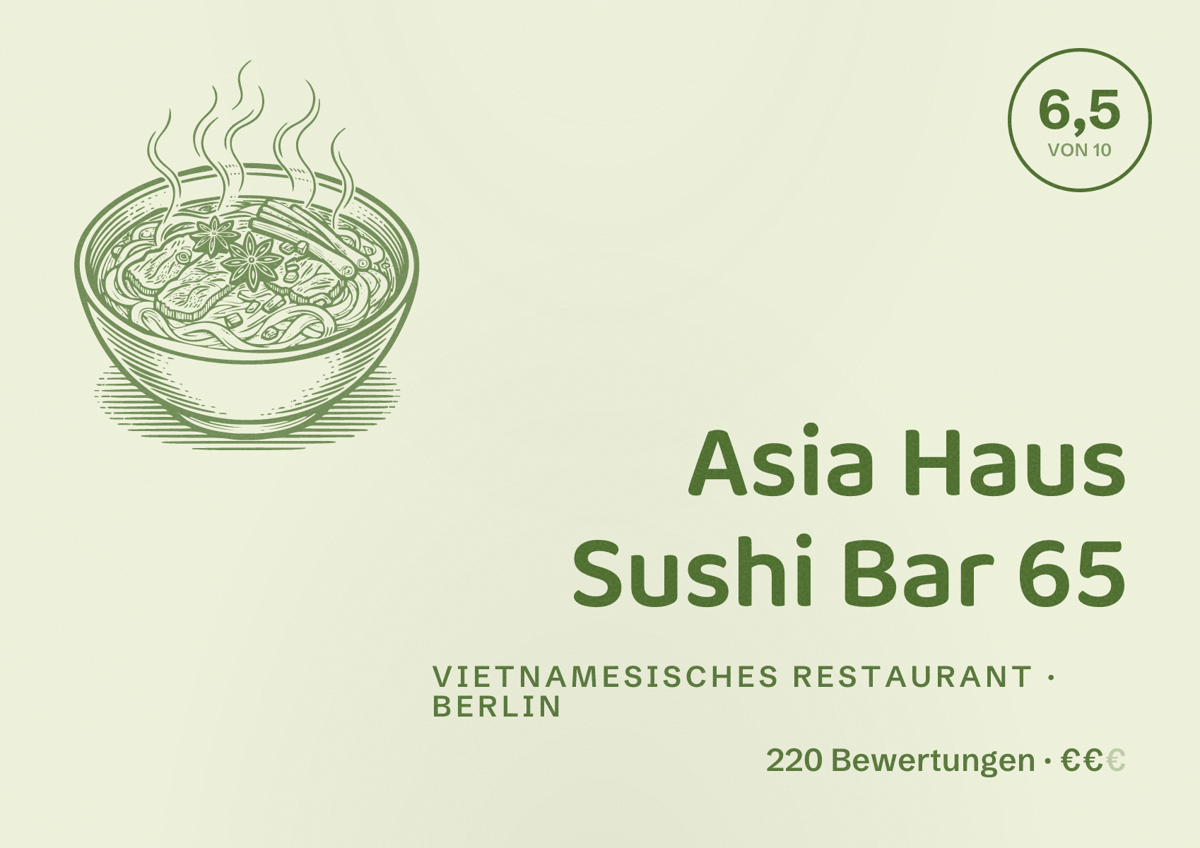 Illustriertes Poster von Asia Haus Sushi Bar 65, Vietnamesisches Restaurant in Berlin: Bewertung 6,5 von 10 aus 220 Bewertungen, Preisniveau €€