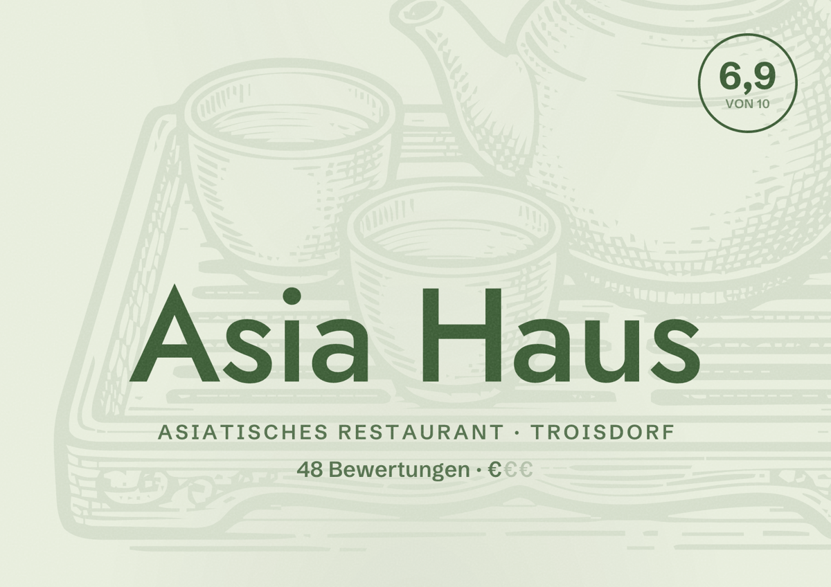 Illustriertes Poster von Asia Haus, Asiatisches Restaurant in Troisdorf: Bewertung 6,9 von 10 aus 48 Bewertungen, Preisniveau €