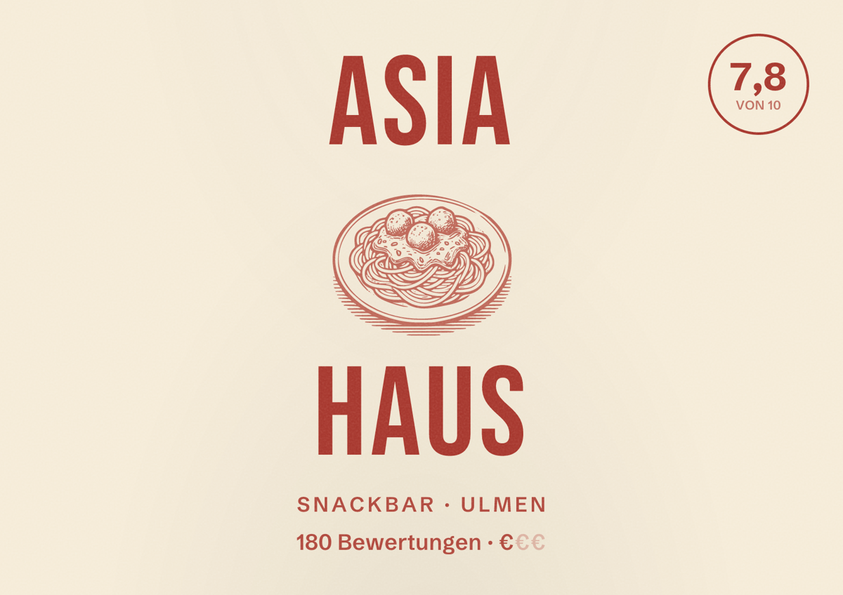 Illustriertes Poster von Asia Haus, Snackbar in Ulmen: Bewertung 7,8 von 10 aus 180 Bewertungen, Preisniveau €