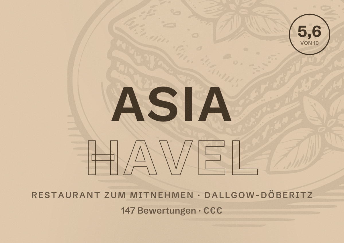 Illustriertes Poster von Asia Havel, Restaurant zum Mitnehmen in Dallgow-Döberitz: Bewertung 5,6 von 10 aus 147 Bewertungen, Preisniveau €€€