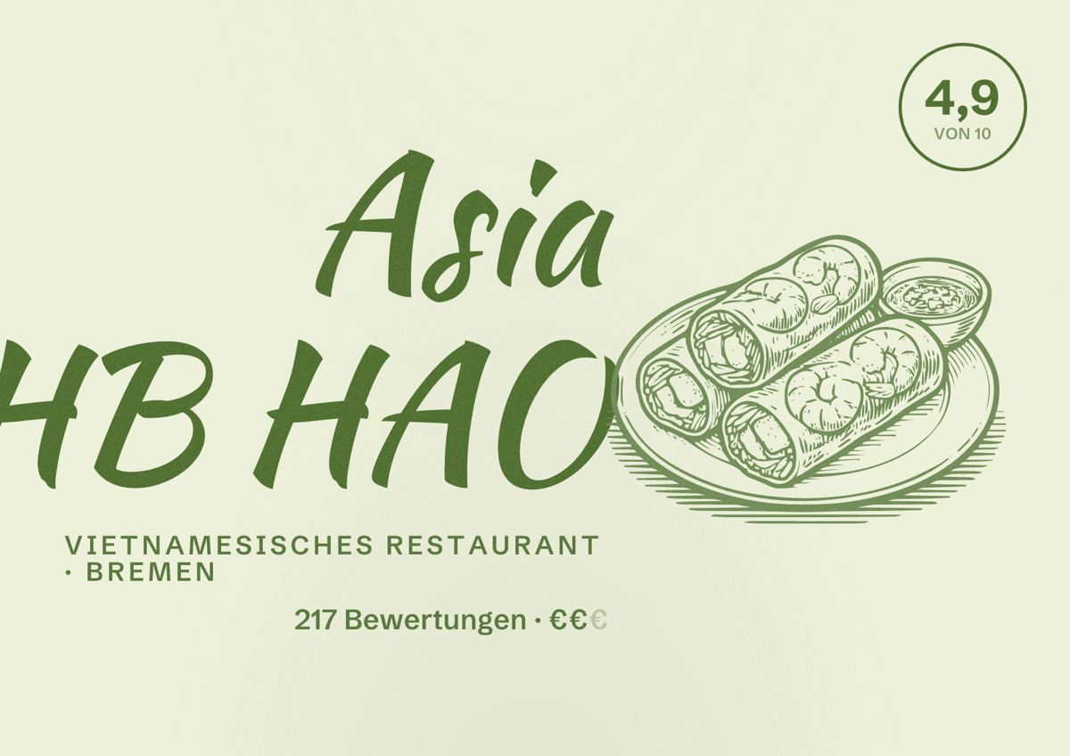 Illustriertes Poster von Asia HB HAO, Vietnamesisches Restaurant in Bremen: Bewertung 4,9 von 10 aus 217 Bewertungen, Preisniveau €€