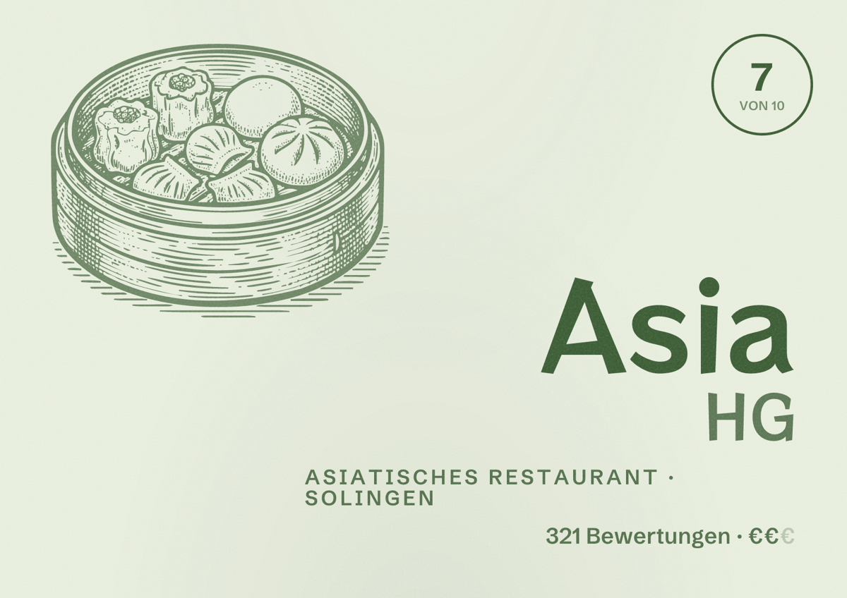 Illustriertes Poster von Asia HG, Asiatisches Restaurant in Solingen: Bewertung 7 von 10 aus 321 Bewertungen, Preisniveau €€