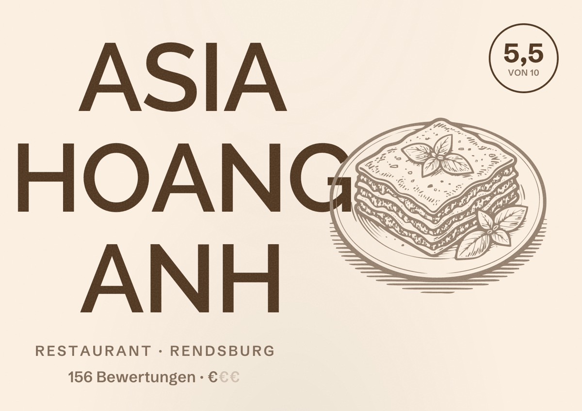 Illustriertes Poster von ASIA HOANG ANH, Restaurant in Rendsburg: Bewertung 5,5 von 10 aus 156 Bewertungen, Preisniveau €