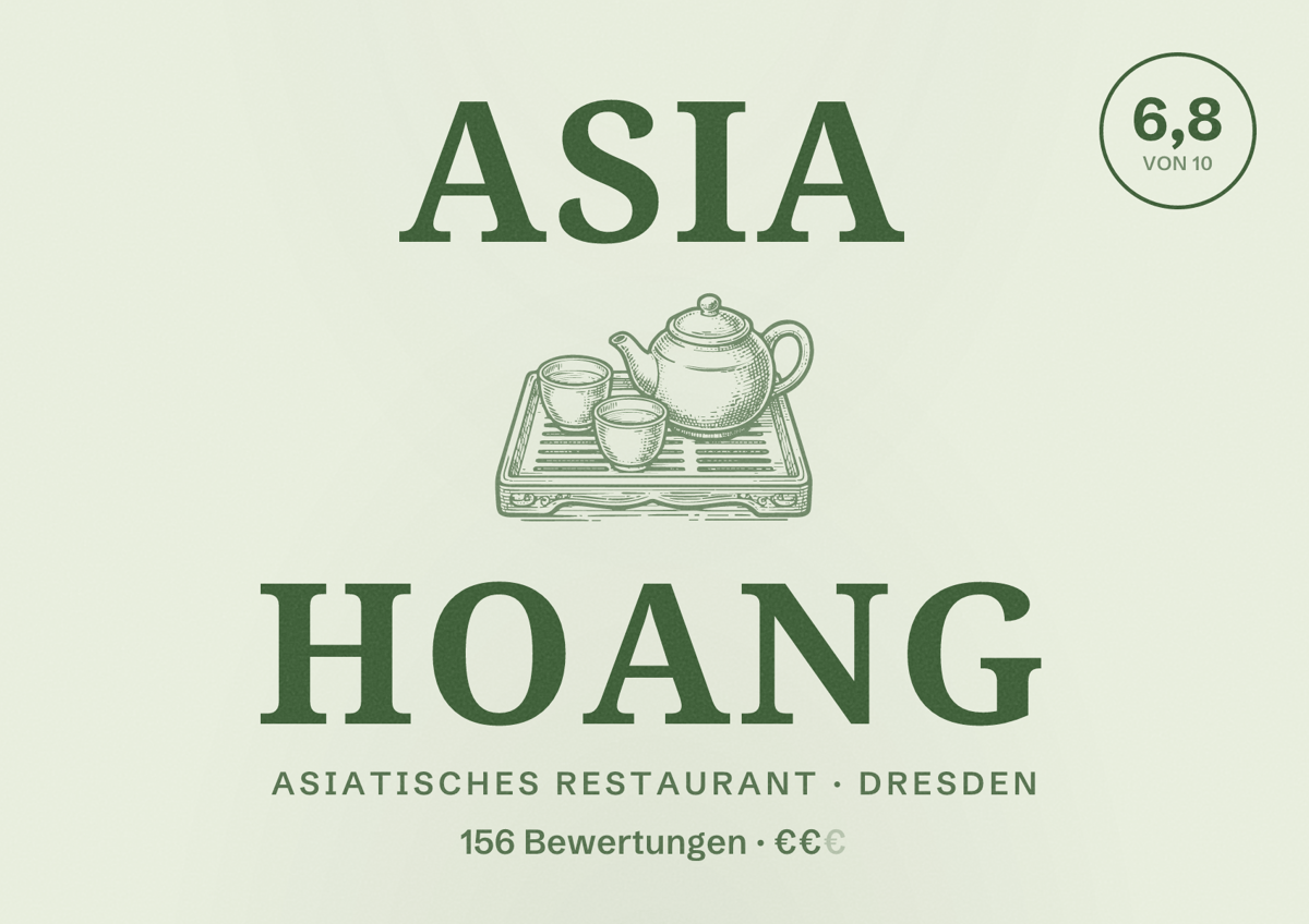 Illustriertes Poster von Asia Hoang, Asiatisches Restaurant in Dresden: Bewertung 6,8 von 10 aus 156 Bewertungen, Preisniveau €€