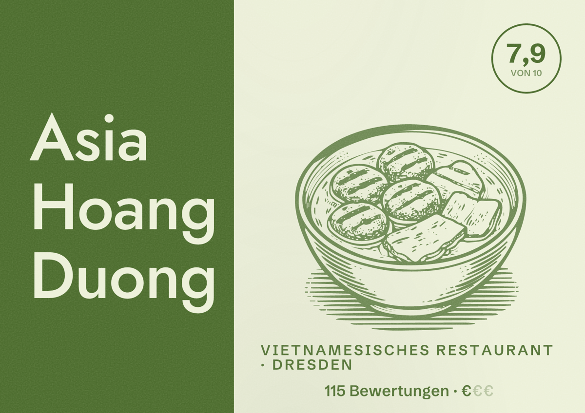 Illustriertes Poster von Asia Hoang Duong, Vietnamesisches Restaurant in Dresden: Bewertung 7,9 von 10 aus 115 Bewertungen, Preisniveau €