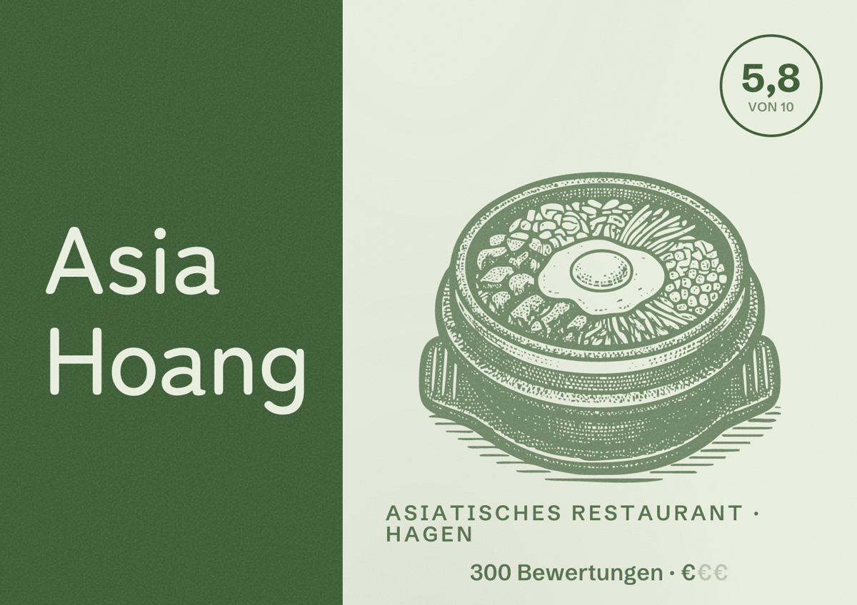Illustriertes Poster von Asia Hoang, Asiatisches Restaurant in Hagen: Bewertung 5,8 von 10 aus 300 Bewertungen, Preisniveau €