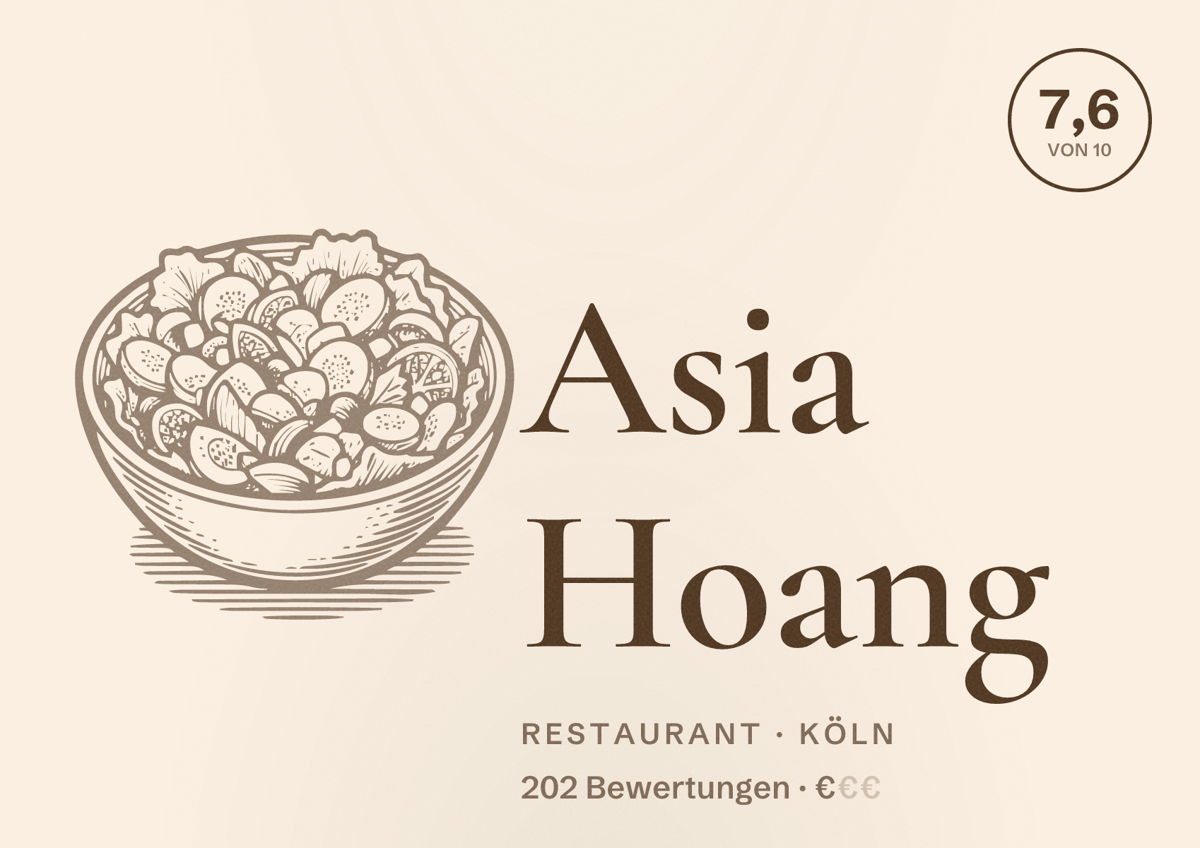 Illustriertes Poster von Asia Hoang, Restaurant in Köln: Bewertung 7,6 von 10 aus 202 Bewertungen, Preisniveau €