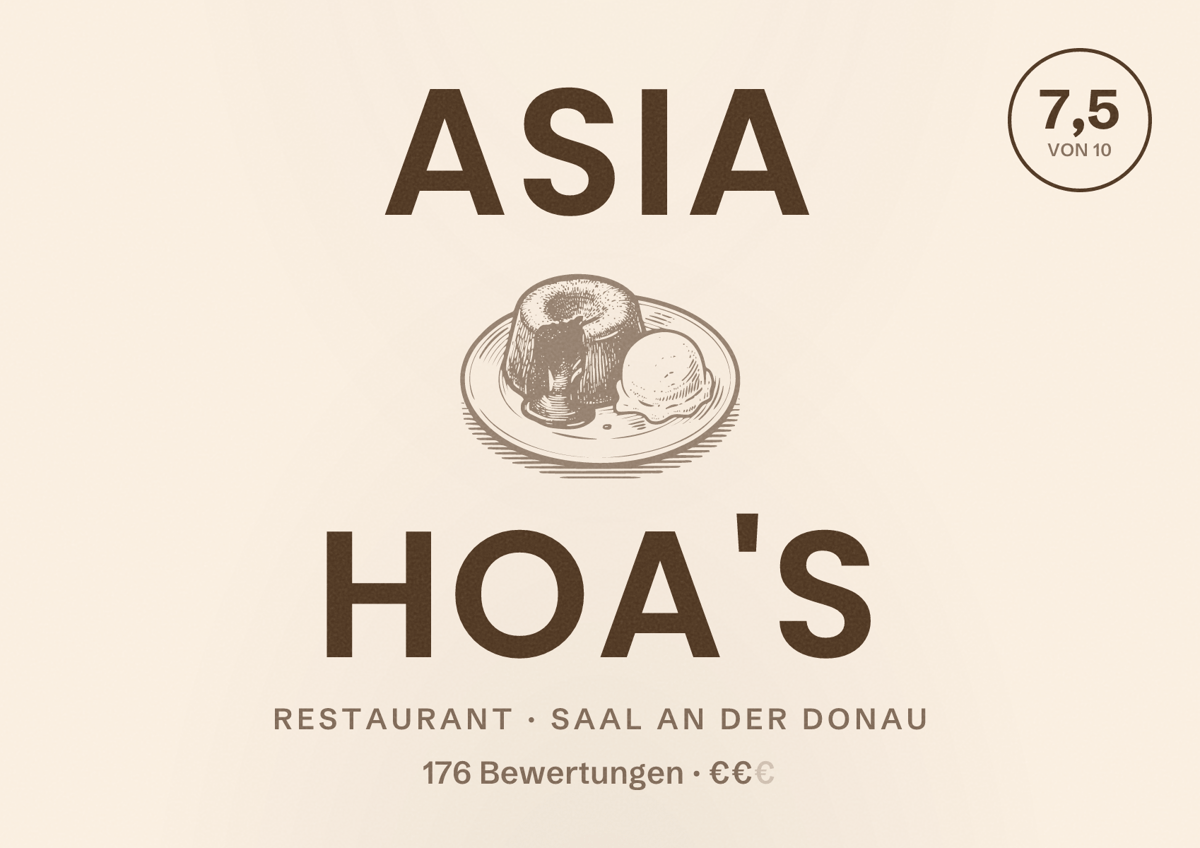 Illustriertes Poster von Asia Hoa's, Restaurant in Saal an der Donau: Bewertung 7,5 von 10 aus 176 Bewertungen, Preisniveau €€