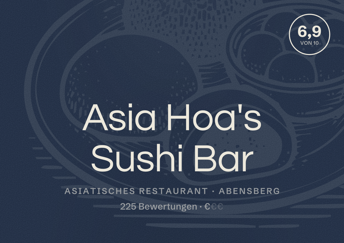 Illustriertes Poster von Asia Hoa's Sushi Bar, Asiatisches Restaurant in Abensberg: Bewertung 6,9 von 10 aus 225 Bewertungen, Preisniveau €