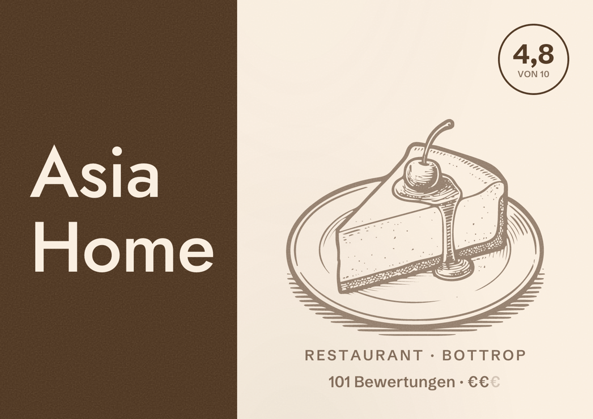 Illustriertes Poster von Asia Home, Restaurant in Bottrop: Bewertung 4,8 von 10 aus 101 Bewertungen, Preisniveau €€