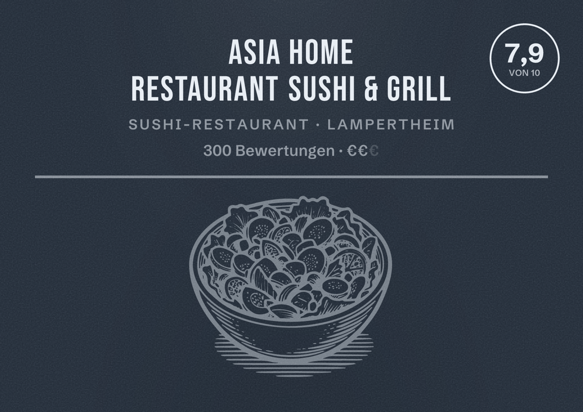 Illustriertes Poster von Asia Home Restaurant Sushi & Grill, Sushi-Restaurant in Lampertheim: Bewertung 7,9 von 10 aus 300 Bewertungen, Preisniveau €€