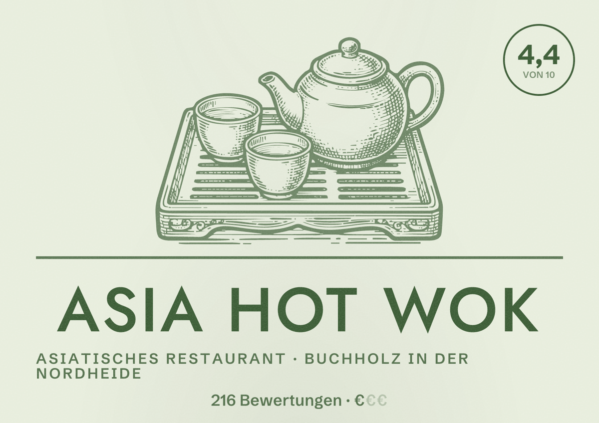 Illustriertes Poster von Asia HOT WOK, Asiatisches Restaurant in Buchholz in der Nordheide: Bewertung 4,4 von 10 aus 216 Bewertungen, Preisniveau €