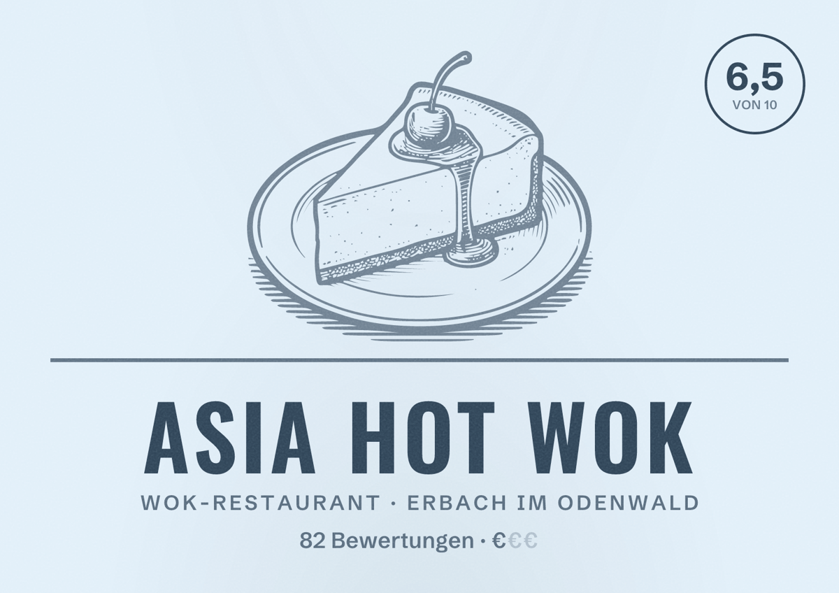 Illustriertes Poster von Asia Hot Wok, Wok-Restaurant in Erbach im Odenwald: Bewertung 6,5 von 10 aus 82 Bewertungen, Preisniveau €