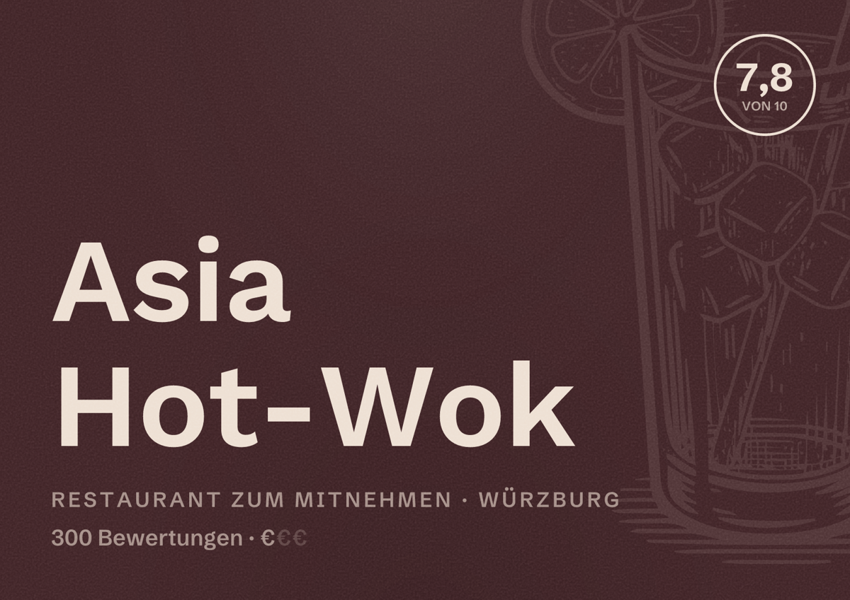 Illustriertes Poster von Asia Hot-Wok, Restaurant zum Mitnehmen in Würzburg: Bewertung 7,8 von 10 aus 300 Bewertungen, Preisniveau €