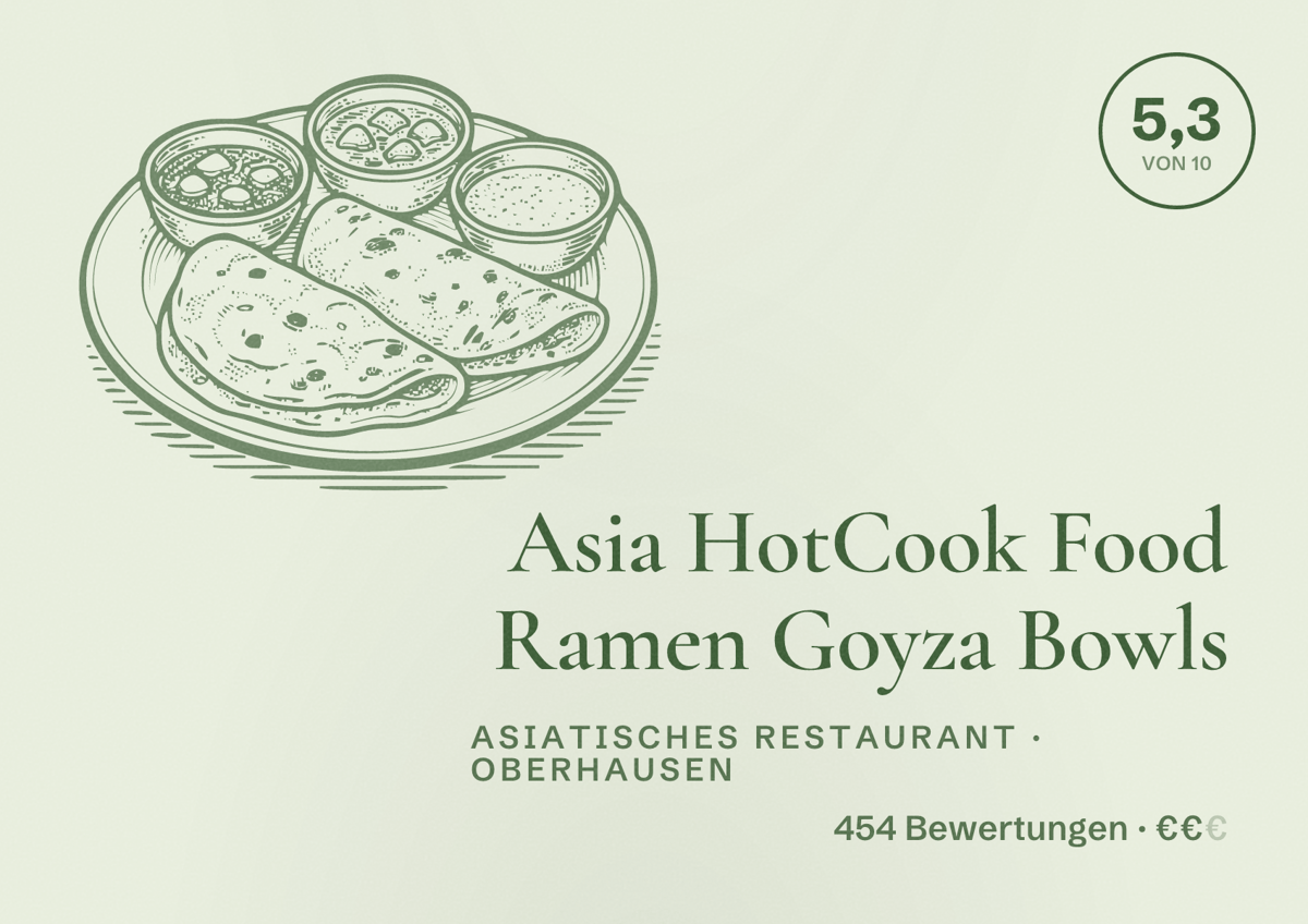 Illustriertes Poster von Asia HotCook Food Ramen Goyza Bowls, Asiatisches Restaurant in Oberhausen: Bewertung 5,3 von 10 aus 454 Bewertungen, Preisniveau €€