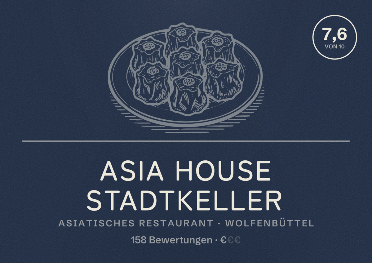 Illustriertes Poster von Asia House Stadtkeller, Asiatisches Restaurant in Wolfenbüttel: Bewertung 7,6 von 10 aus 158 Bewertungen, Preisniveau €