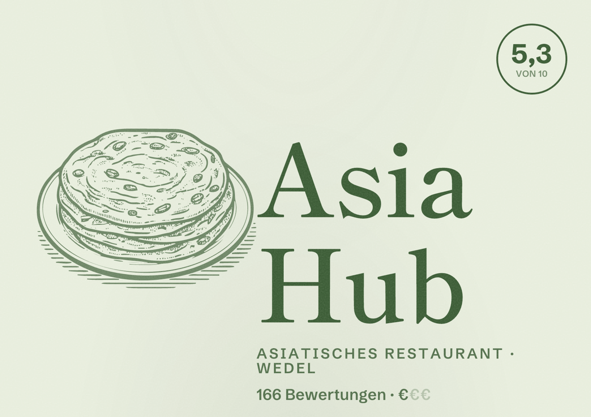 Illustriertes Poster von Asia Hub, Asiatisches Restaurant in Wedel: Bewertung 5,3 von 10 aus 166 Bewertungen, Preisniveau €