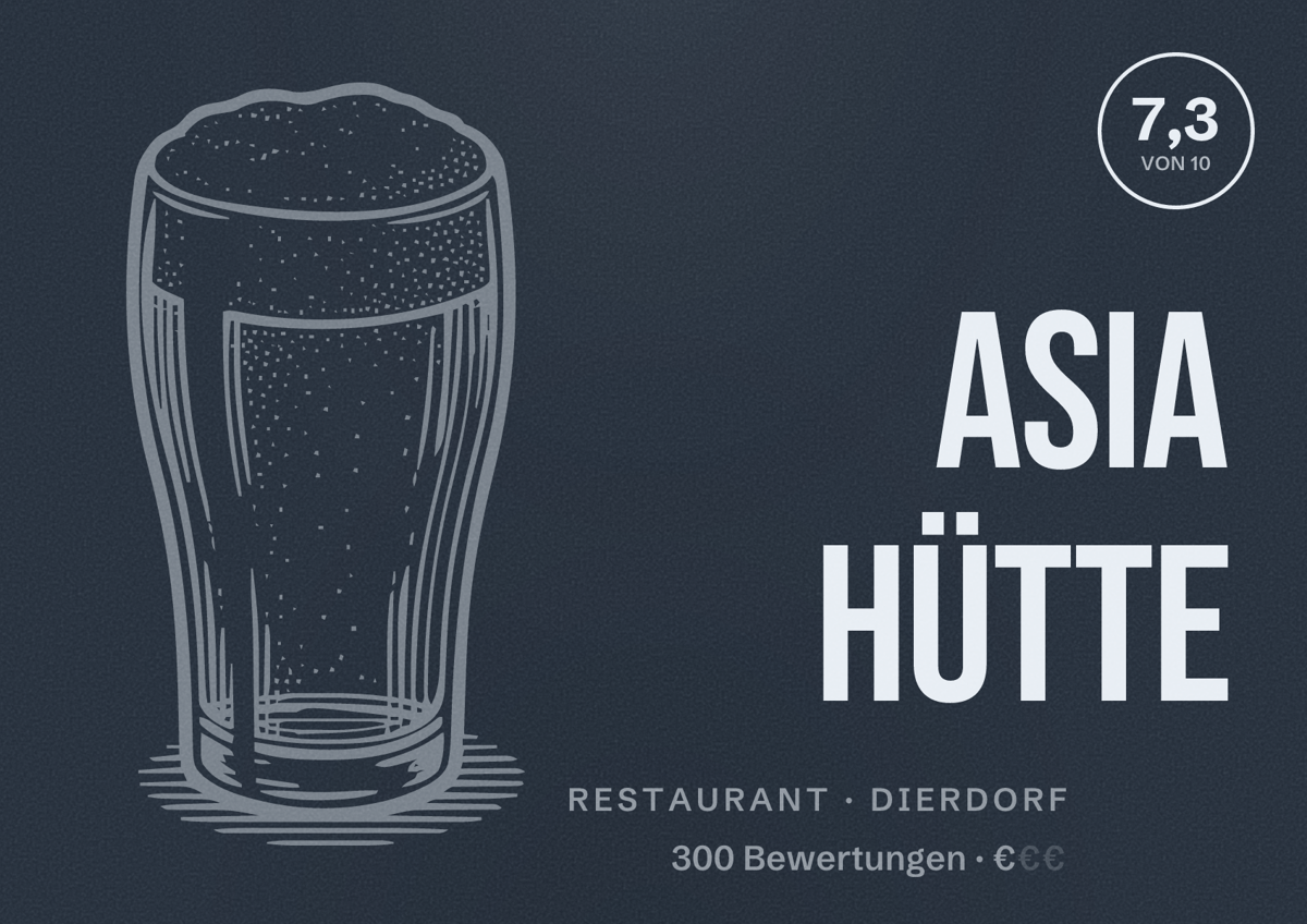 Illustriertes Poster von Asia Hütte, Restaurant in Dierdorf: Bewertung 7,3 von 10 aus 300 Bewertungen, Preisniveau €