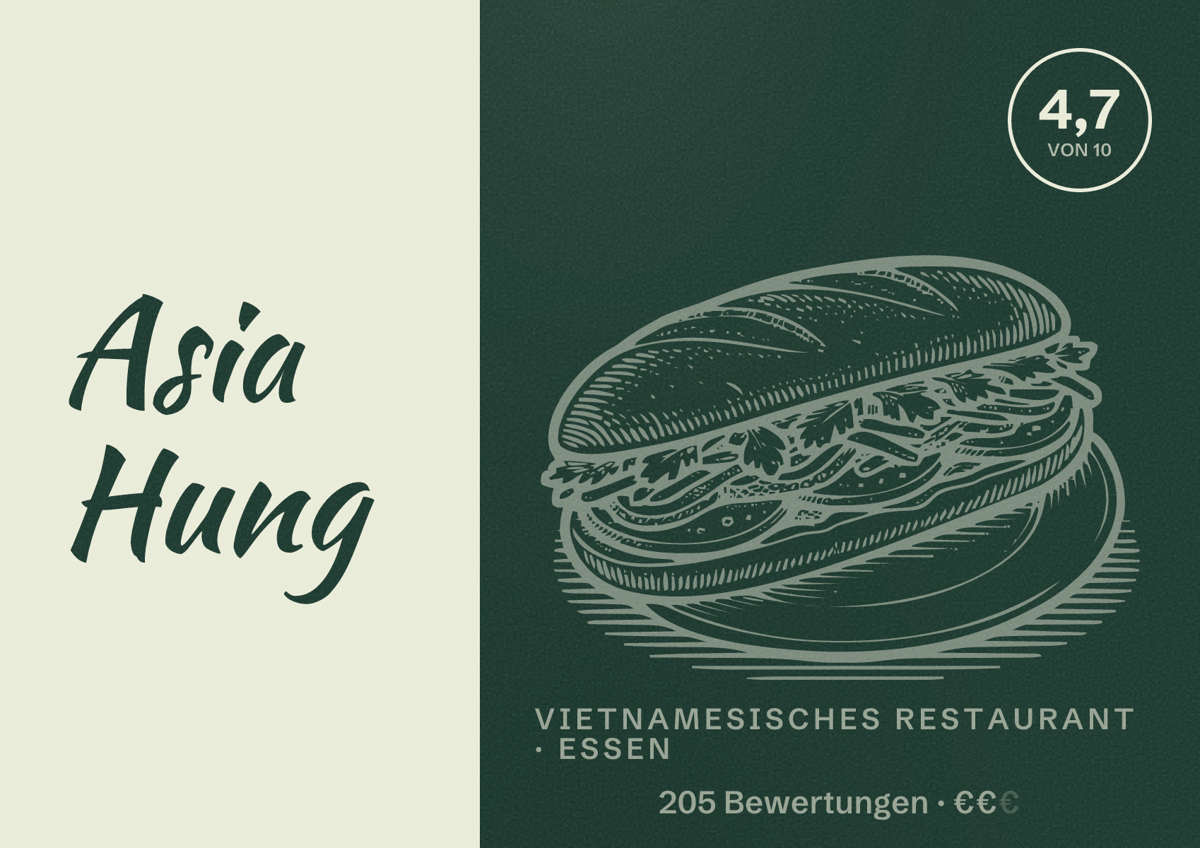 Illustriertes Poster von Asia Hung, Vietnamesisches Restaurant in Essen: Bewertung 4,7 von 10 aus 205 Bewertungen, Preisniveau €€