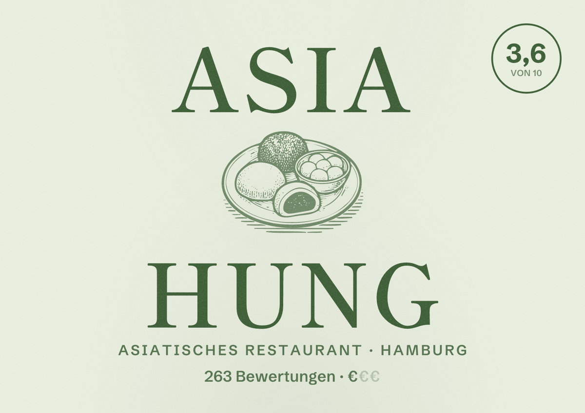 Illustriertes Poster von Asia Hung, Asiatisches Restaurant in Hamburg: Bewertung 3,6 von 10 aus 263 Bewertungen, Preisniveau €