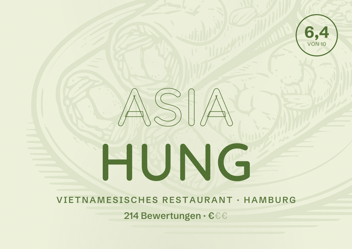 Illustriertes Poster von Asia Hung, Vietnamesisches Restaurant in Hamburg: Bewertung 6,4 von 10 aus 214 Bewertungen, Preisniveau €