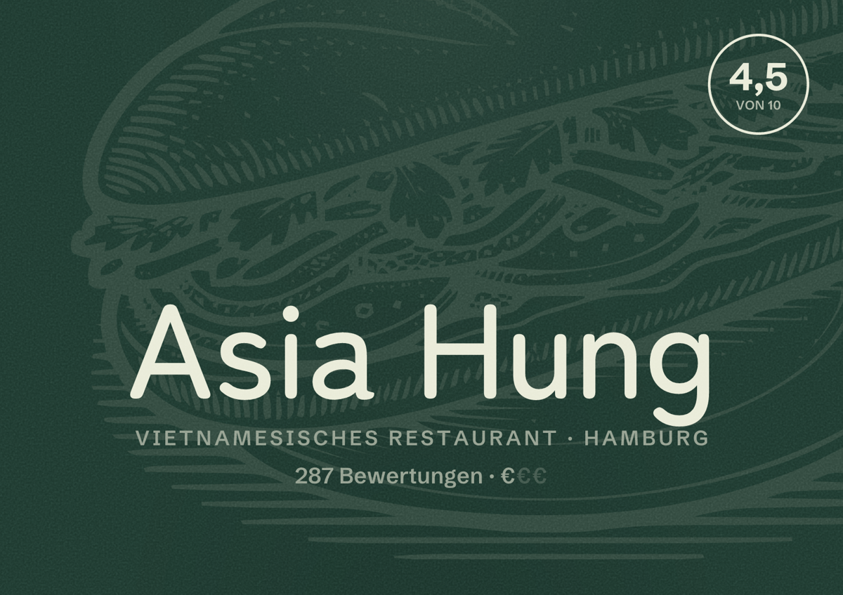 Illustriertes Poster von Asia Hung, Vietnamesisches Restaurant in Hamburg: Bewertung 4,5 von 10 aus 287 Bewertungen, Preisniveau €