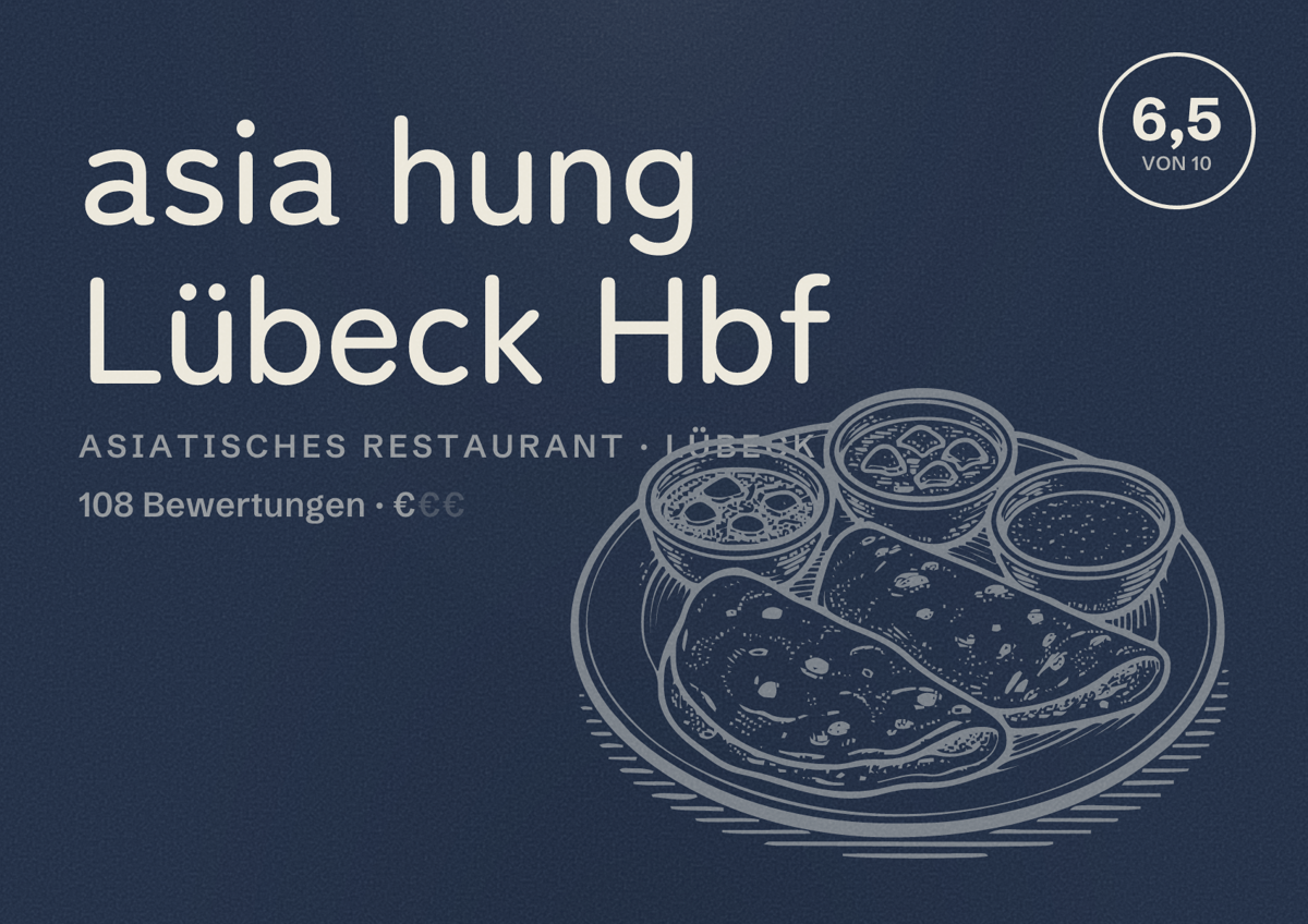 Illustriertes Poster von asia hung Lübeck Hbf, Asiatisches Restaurant in Lübeck: Bewertung 6,5 von 10 aus 108 Bewertungen, Preisniveau €