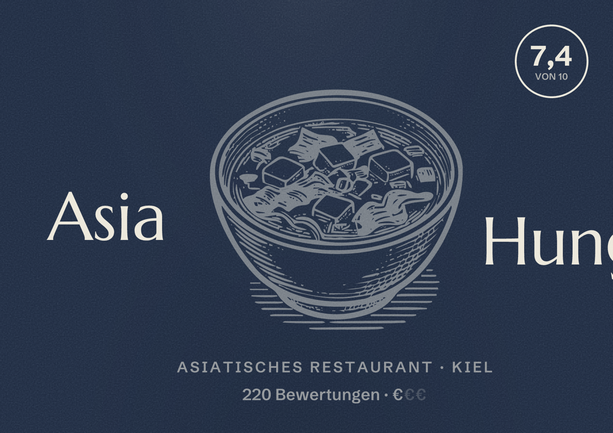 Illustriertes Poster von Asia Hung, Asiatisches Restaurant in Kiel: Bewertung 7,4 von 10 aus 220 Bewertungen, Preisniveau €
