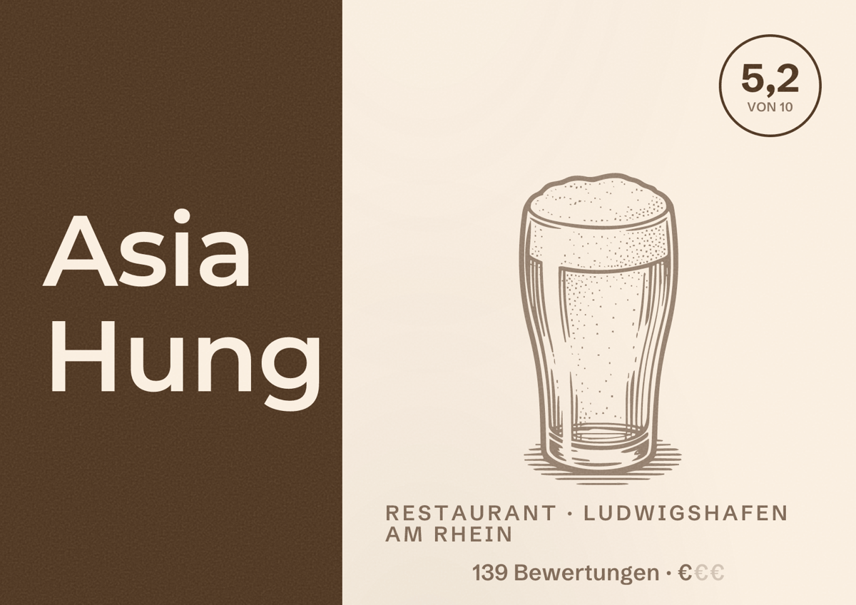 Illustriertes Poster von Asia Hung, Restaurant in Ludwigshafen am Rhein: Bewertung 5,2 von 10 aus 139 Bewertungen, Preisniveau €