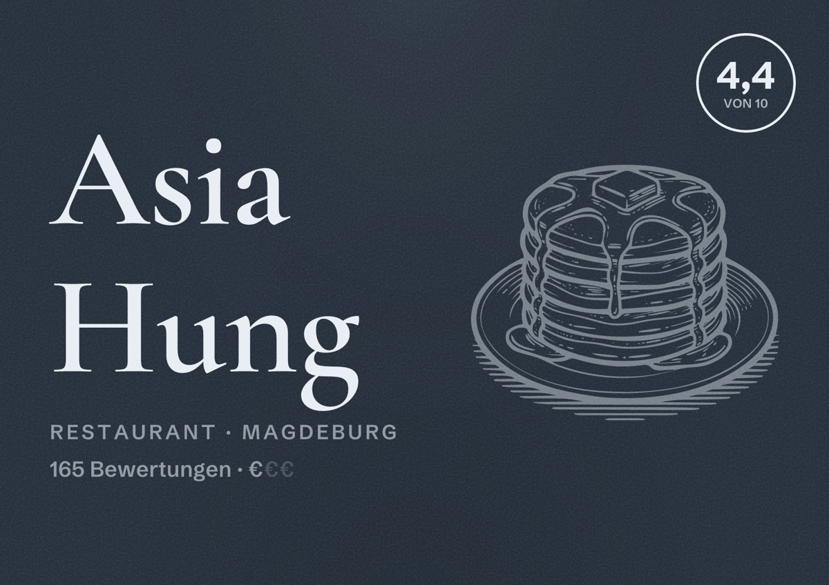 Illustriertes Poster von Asia Hung, Restaurant in Magdeburg: Bewertung 4,4 von 10 aus 165 Bewertungen, Preisniveau €