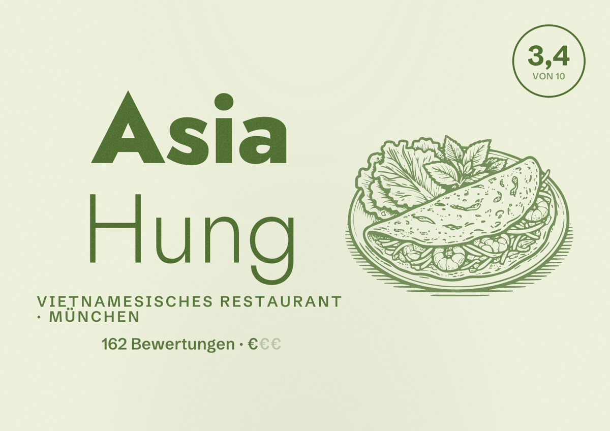 Illustriertes Poster von Asia Hung, Vietnamesisches Restaurant in München: Bewertung 3,4 von 10 aus 162 Bewertungen, Preisniveau €