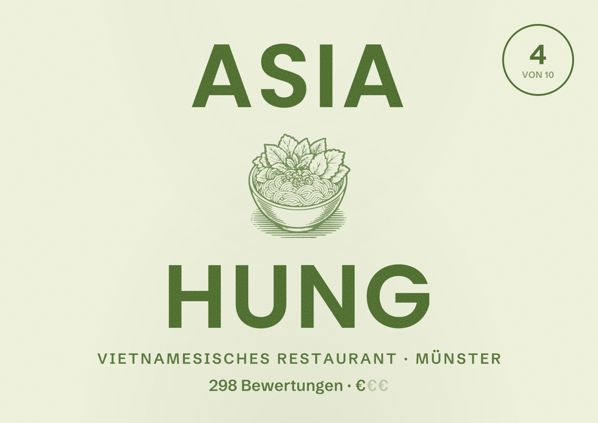 Illustriertes Poster von Asia Hung, Vietnamesisches Restaurant in Münster: Bewertung 4 von 10 aus 298 Bewertungen, Preisniveau €