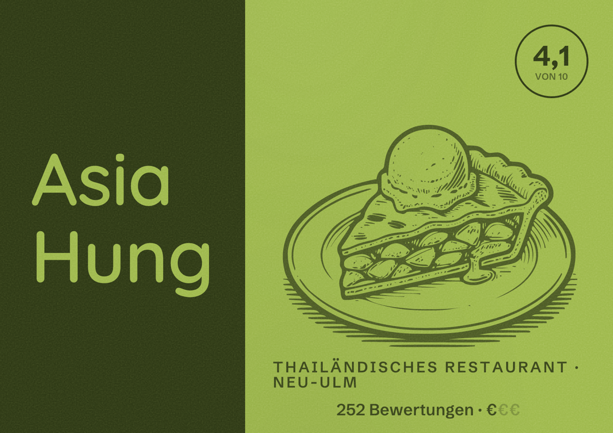Illustriertes Poster von Asia Hung, Thailändisches Restaurant in Neu-Ulm: Bewertung 4,1 von 10 aus 252 Bewertungen, Preisniveau €