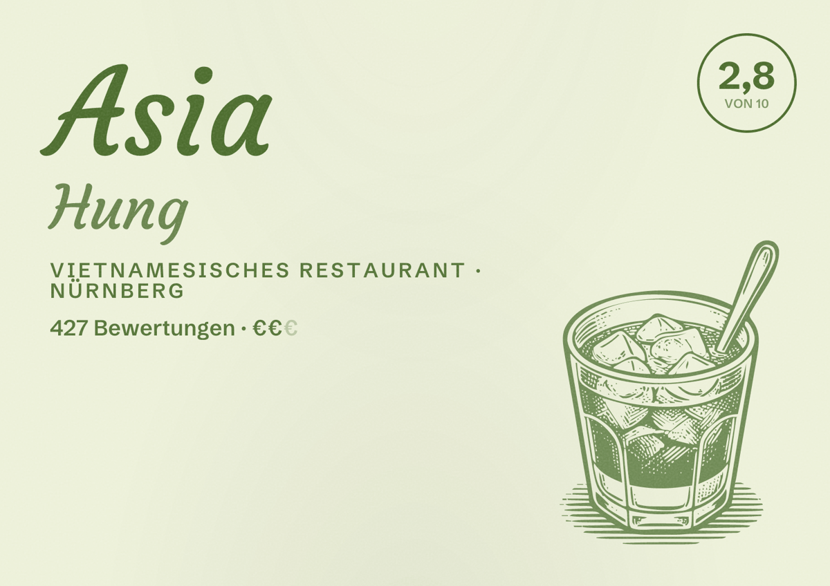 Illustriertes Poster von Asia Hung, Vietnamesisches Restaurant in Nürnberg: Bewertung 2,8 von 10 aus 427 Bewertungen, Preisniveau €€