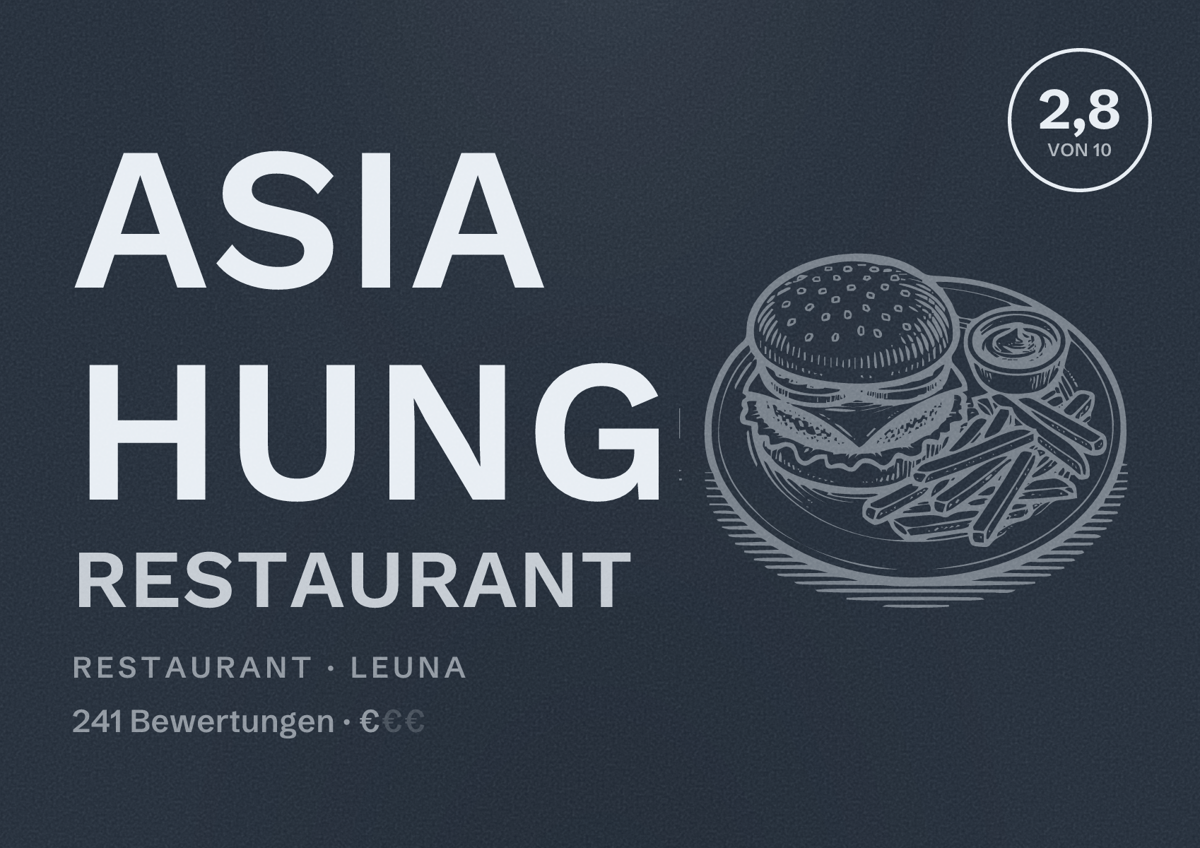 Illustriertes Poster von Asia Hung Restaurant, Restaurant in Leuna: Bewertung 2,8 von 10 aus 241 Bewertungen, Preisniveau €