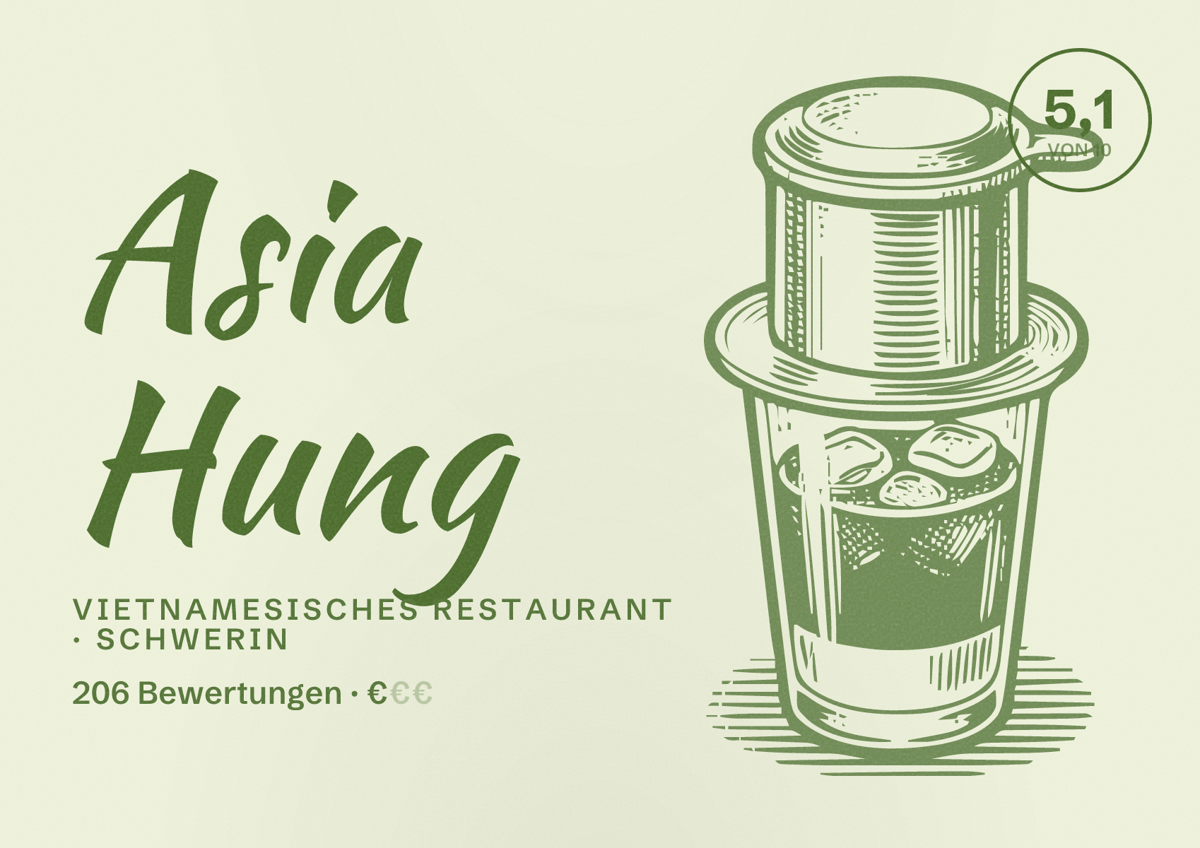 Illustriertes Poster von Asia Hung, Vietnamesisches Restaurant in Schwerin: Bewertung 5,1 von 10 aus 206 Bewertungen, Preisniveau €