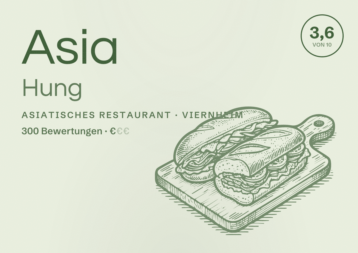 Illustriertes Poster von Asia Hung, Asiatisches Restaurant in Viernheim: Bewertung 3,6 von 10 aus 300 Bewertungen, Preisniveau €