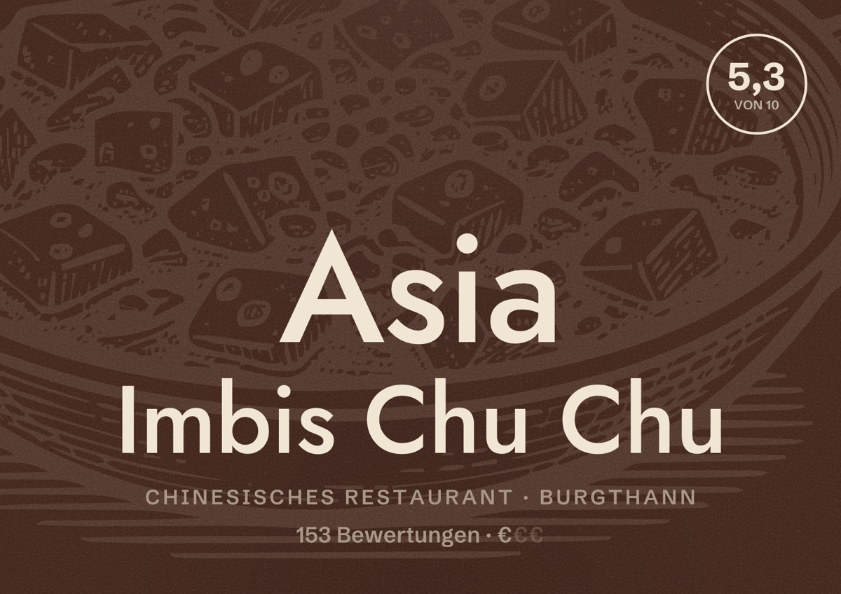 Illustriertes Poster von Asia Imbis Chu Chu, Chinesisches Restaurant in Burgthann: Bewertung 5,3 von 10 aus 153 Bewertungen, Preisniveau €
