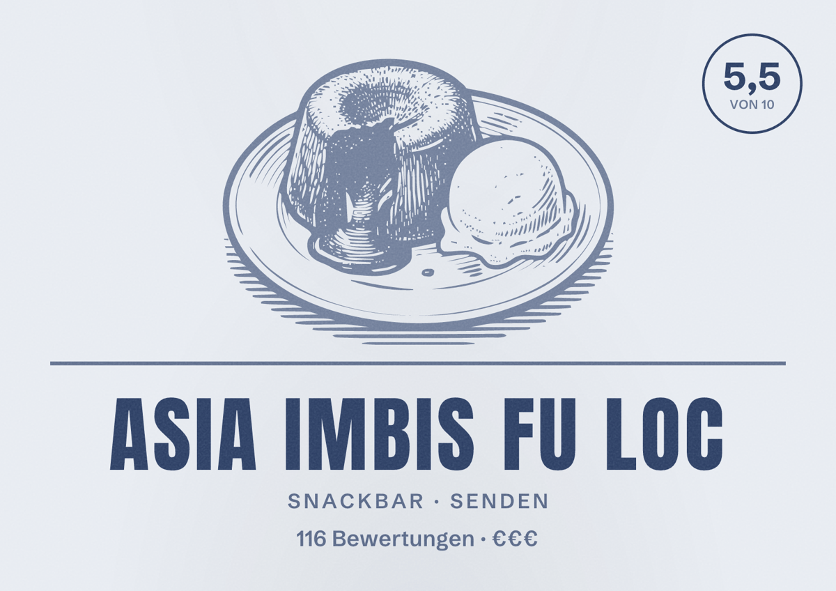 Illustriertes Poster von Asia Imbis Fu Loc, Snackbar in Senden: Bewertung 5,5 von 10 aus 116 Bewertungen, Preisniveau €€€