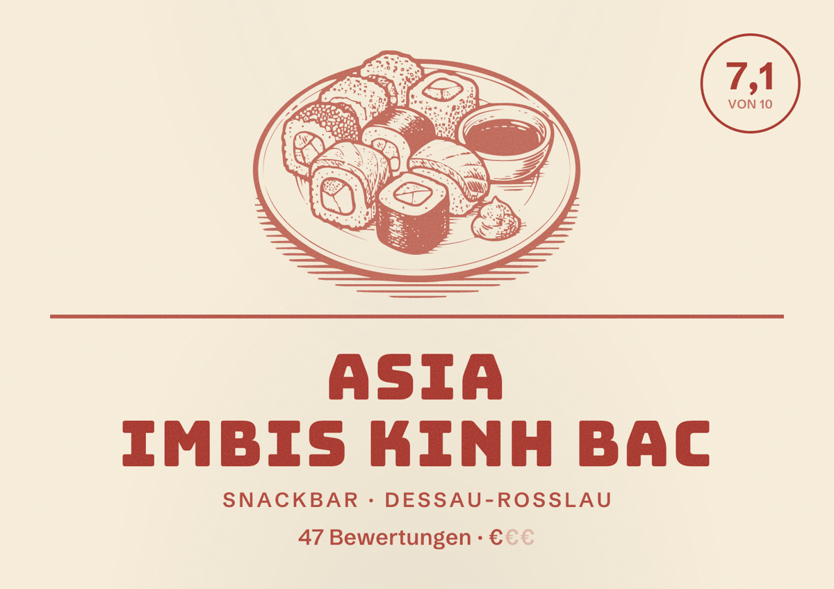 Illustriertes Poster von Asia Imbis Kinh Bac, Snackbar in Dessau-Roßlau: Bewertung 7,1 von 10 aus 47 Bewertungen, Preisniveau €
